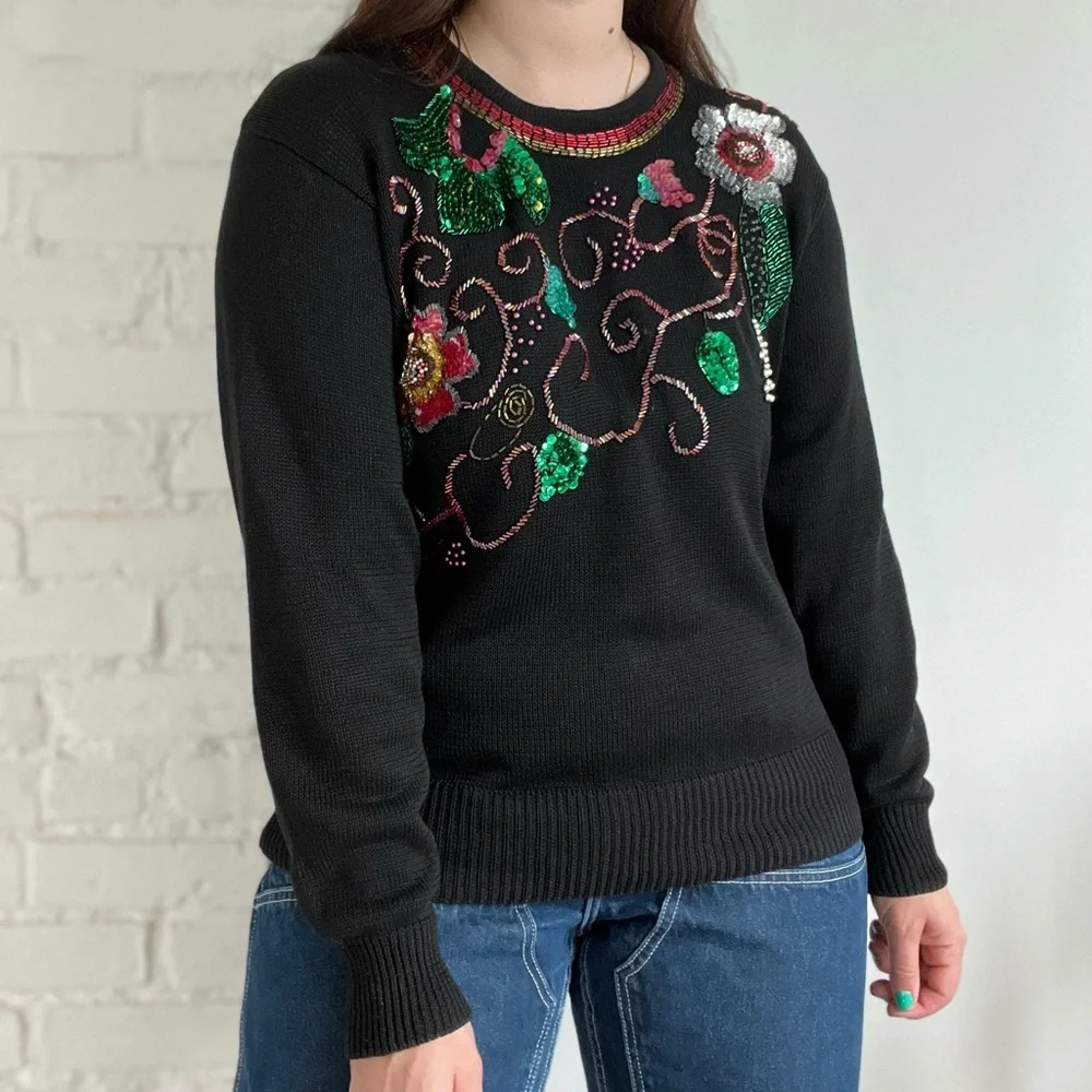 VINTAGE Women’s Sweater Sequins Embellished Festive Knit Size Large - Picture 3 of 12
